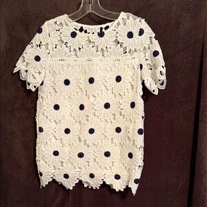 Rafaella White Lace Blouse with Navy Accents